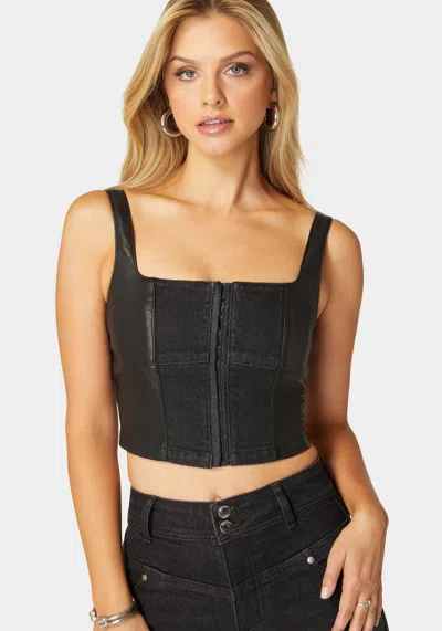 Bebe Eyelet Front Combo Vegan Leather Denim Corset In Washed Out Black,black