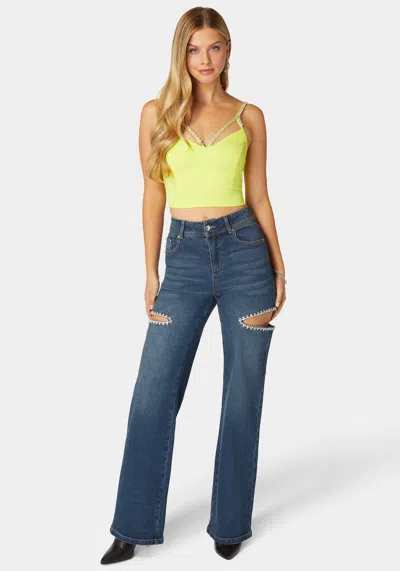Bebe High Waist Studded Cut Out Wide Leg Jean In Dark Indigo Wash
