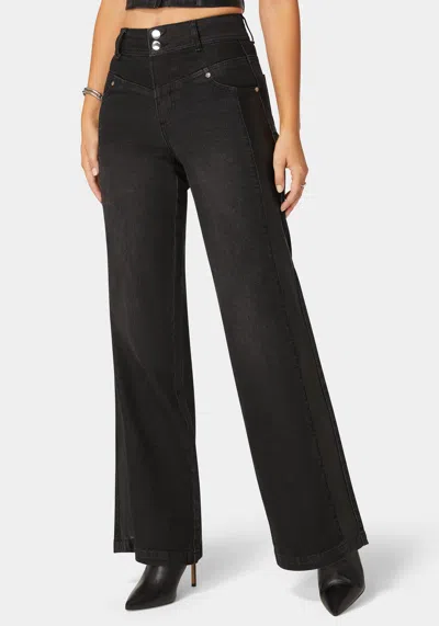 Bebe High Waist Vegan Leather Side Panel Wide Leg Jean In Washed Out Black,black