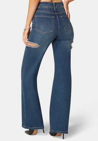 Bebe High Waist Studded Cut Out Wide Leg Jean In Dark Indigo Wash