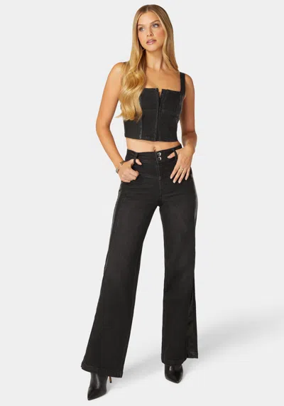 Bebe High Waist Vegan Leather Side Panel Wide Leg Jean In Washed Out Black,black