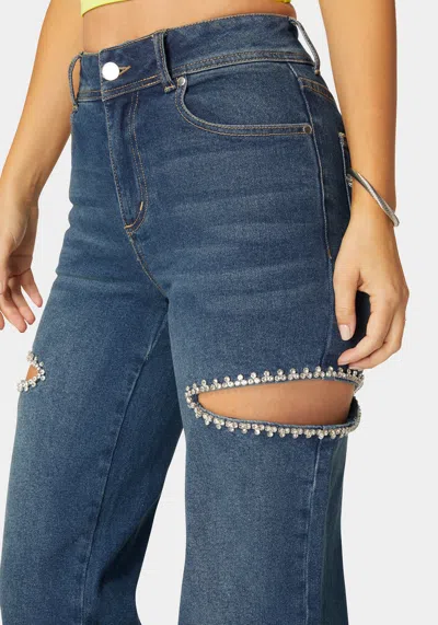 Bebe High Waist Studded Cut Out Wide Leg Jean In Dark Indigo Wash