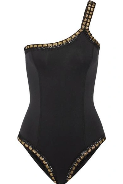Shop Kiini Chacha One-shoulder Metallic-trimmed Swimsuit In Black