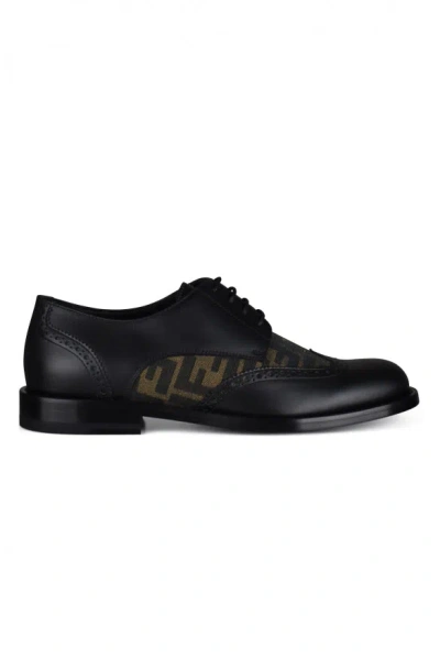 Fendi Ff- Pattern Leather Derby Shoes In Black