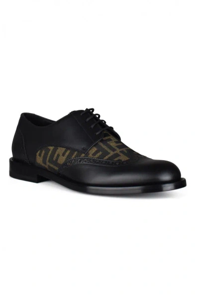 Fendi Ff- Pattern Leather Derby Shoes In Black