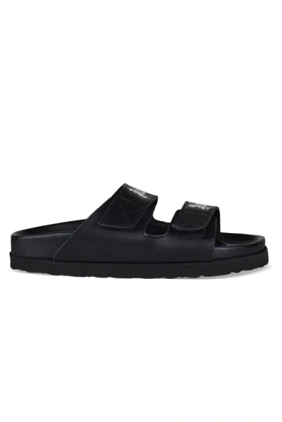 Palm Angels Slides With Logo And Touch Strap In Black Leather Woman In Black