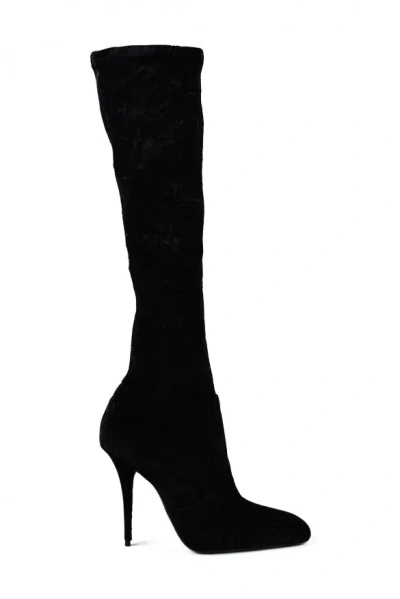 Saint Laurent Talia 110 Velvet Knee-high Boots In Black