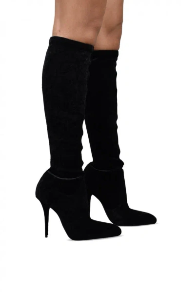 Saint Laurent Talia 110 Velvet Knee-high Boots In Black