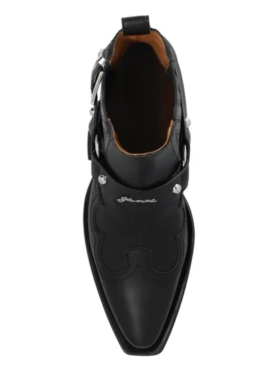 Ganni Embroidered Faux Leather Cowboy Boots In Black