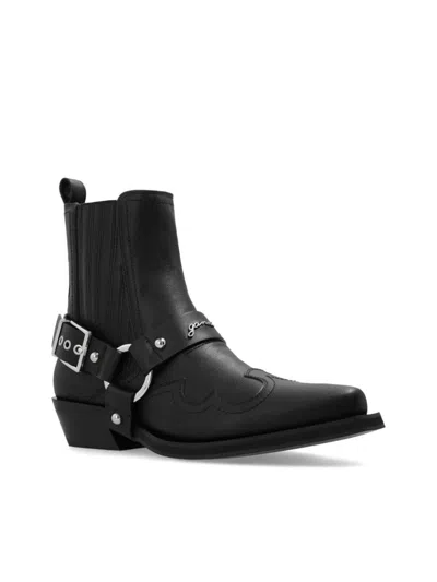 Ganni Embroidered Faux Leather Cowboy Boots In Black