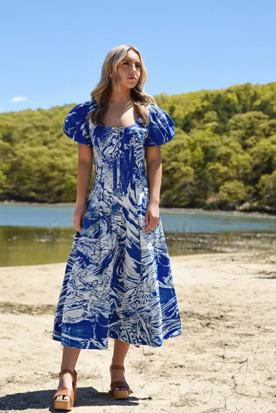 Jessie Zhao Blue Printmaking Scoop Neck Cotton Midi Dress In Multi