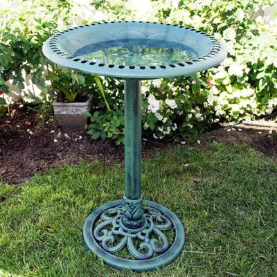 Quikfurn Outdoor Garden Bird Bath Bowl With Stand In Green Bronze Finish