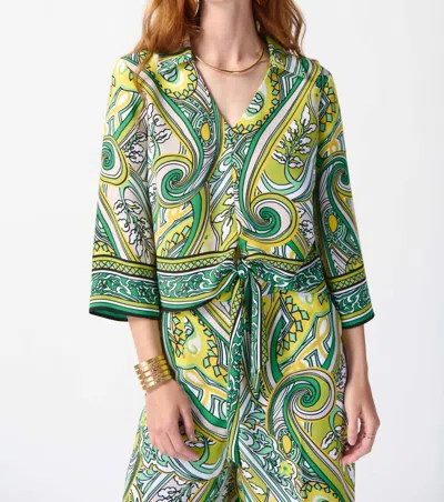 JOSEPH RIBKOFF WOVEN PAISLEY PRINT FRONT TIE TOP IN VANILLA/ISLAND GREEN/MULTI 