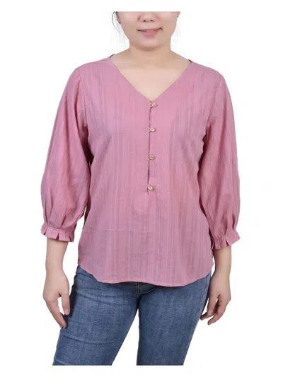 Ny Collection Petite Size 3/4 Sleeve Button Placket Jacquard Blouse In Pink