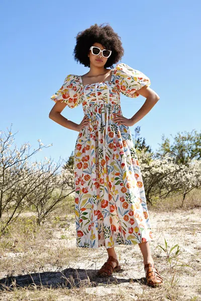 Jessie Zhao Flower Land Square Neck Cotton Midi Dress In Multi