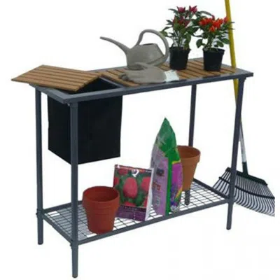 Quikfurn Outdoor Metal Garden Bench Work Table With Wood Top