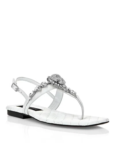 Philipp Plein Sandals Flat Crystal Skull With Crystals In White