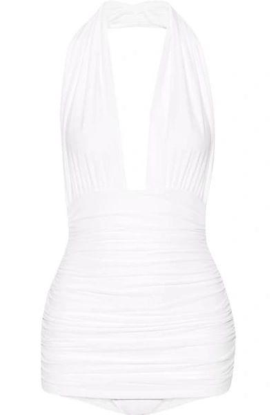 Shop Norma Kamali Bill Ruched Halterneck Swimsuit In White