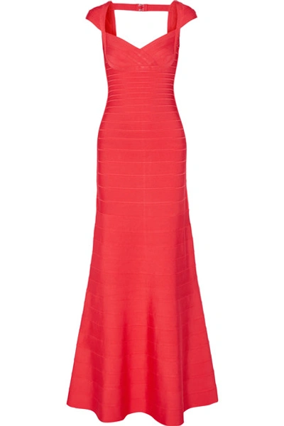 Herve Leger Cap-sleeve Sweetheart Bandage Gown, Coral Poppy