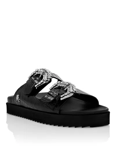 Philipp Plein Cocco Leather Sandals In Black