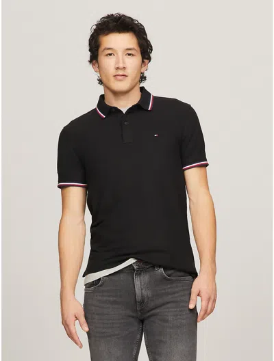 Tommy Hilfiger Polo Avec Bande Tricolore Sur Bordures In Black