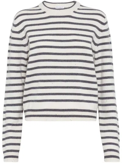 Brunello Cucinelli Cashmere Blend Striped Sweater With Paillette Detail In Cuy42
