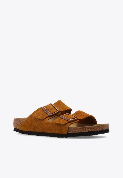 Birkenstock Arizona Double-buckle Suede Slides In Brown