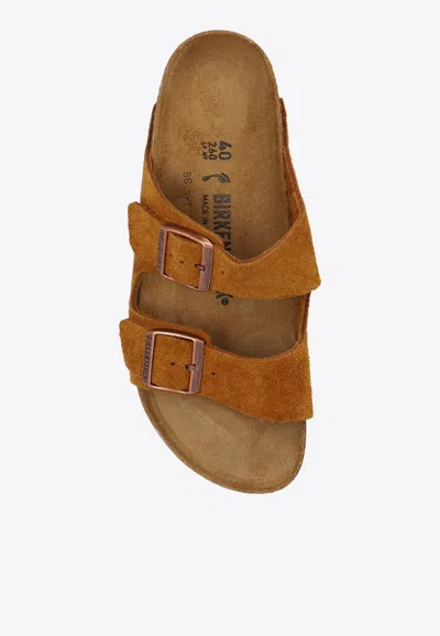 Birkenstock Arizona Double-buckle Suede Slides In Brown