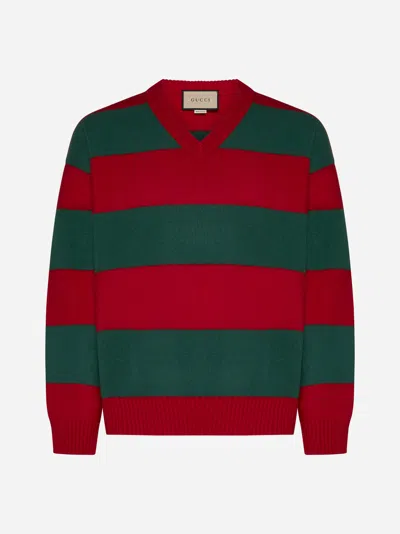 Gucci Embroidered Stretch Wool Blend Sweater In Red,green