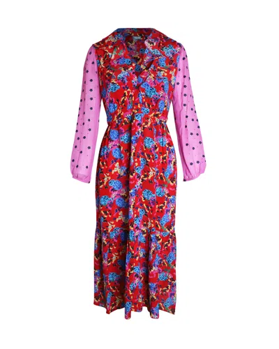 Saloni Sheer Sleeve Printed Midi Dress In Multicolor Silk In Multi
