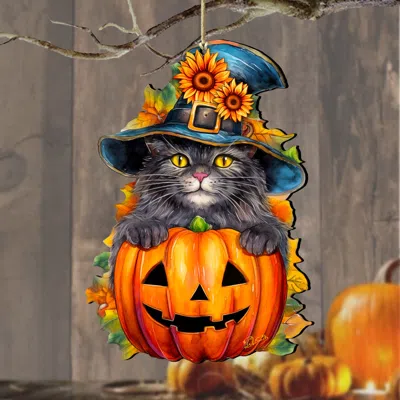 G. Debrekht Black Cat Pumpkin Wooden Christmas Ornament By