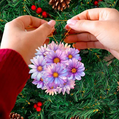 G. Debrekht Set Of 2 - Purple Flowers Wooden Christmas Ornaments By