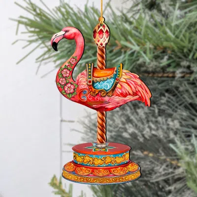 G. Debrekht Set Of 2 - Pink Flamingo Carousel Christmas Wooden Christmas Ornaments By
