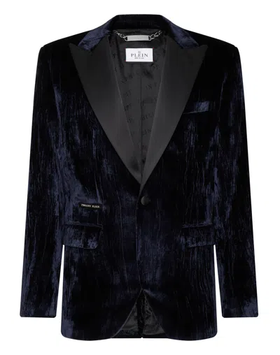 Philipp Plein Single-breasted Velvet Blazer In Blue
