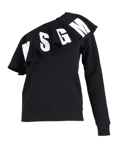 Msgm Logo Print One-shoulder Ruffled Sweatshirt In Black Cotton In Black