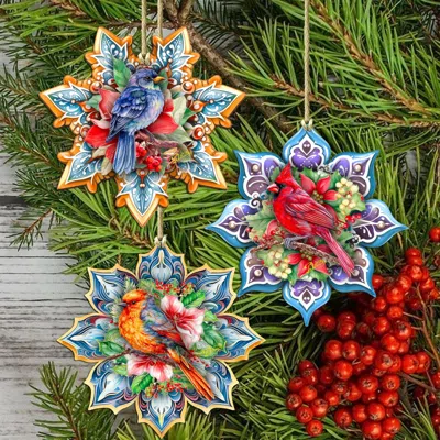 G. Debrekht Forest Birds Snowflake Wooden Christmas Ornaments Set Of 3 By