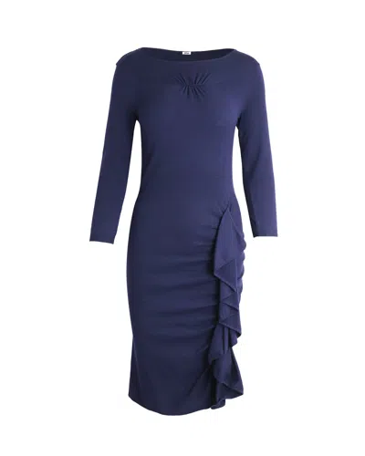 Moschino Ruffle Midi Dress In Navy Blue Wool In Blue