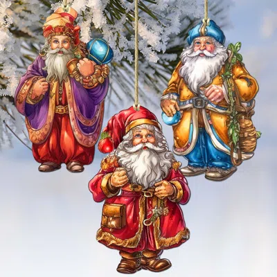 G. Debrekht Colorful Santa Decorative Wooden Christmas Ornaments Set Of 3 By