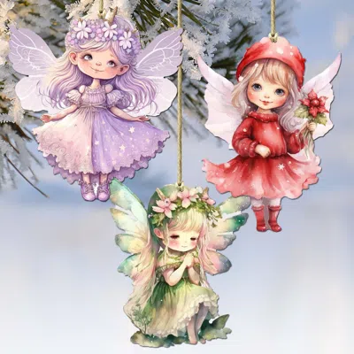 G. Debrekht Colorful Fairies Decorative Wooden Christmas Ornaments Of 3 By