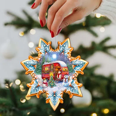 G. Debrekht Set Of 2 - Snowman's Family Snowflake Wooden Christmas Ornaments By