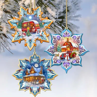 G. Debrekht Waiting For Christmas Snowflake Wooden Christmas Ornaments Set Of 3 By