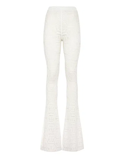 Philipp Plein Monogram Lurex Knitted Trousers In White