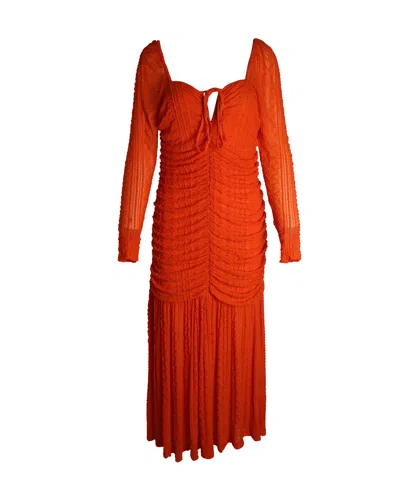 Ganni Textured Ruched Jersey Midi Dress In Orange