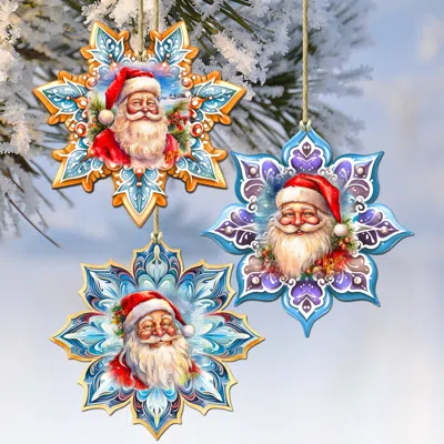 G. Debrekht Santa's Smile Snowflake Wooden Christmas Ornaments Set Of 3 By