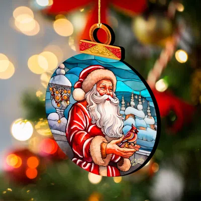 G. Debrekht Set Of 2 - Santa With Red Cardinal Holiday Wooden Christmas Ornaments By