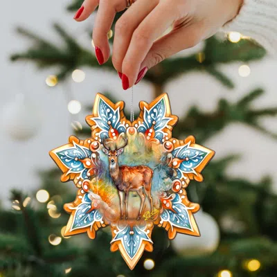 G. Debrekht Set Of 2 - Forest Elk Snowflake Wooden Christmas Ornaments By