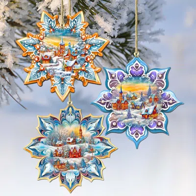 G. Debrekht Winter Village Snowflake Wooden Christmas Ornaments Set Of 3 By