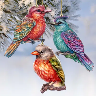 G. Debrekht Colorful Birds Decorative Wooden Christmas Ornaments Of 3 By