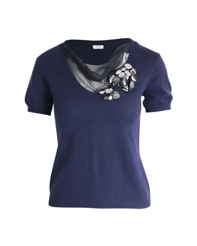 Moschino Embellished Knit Top In Navy Blue Wool In Blue