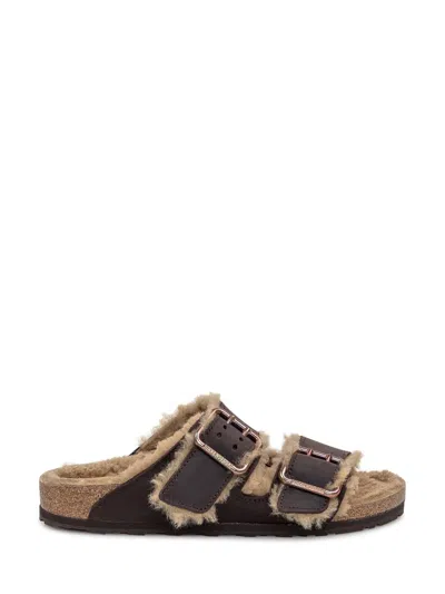 Birkenstock Arizona Suede Shearling Slides In Brown